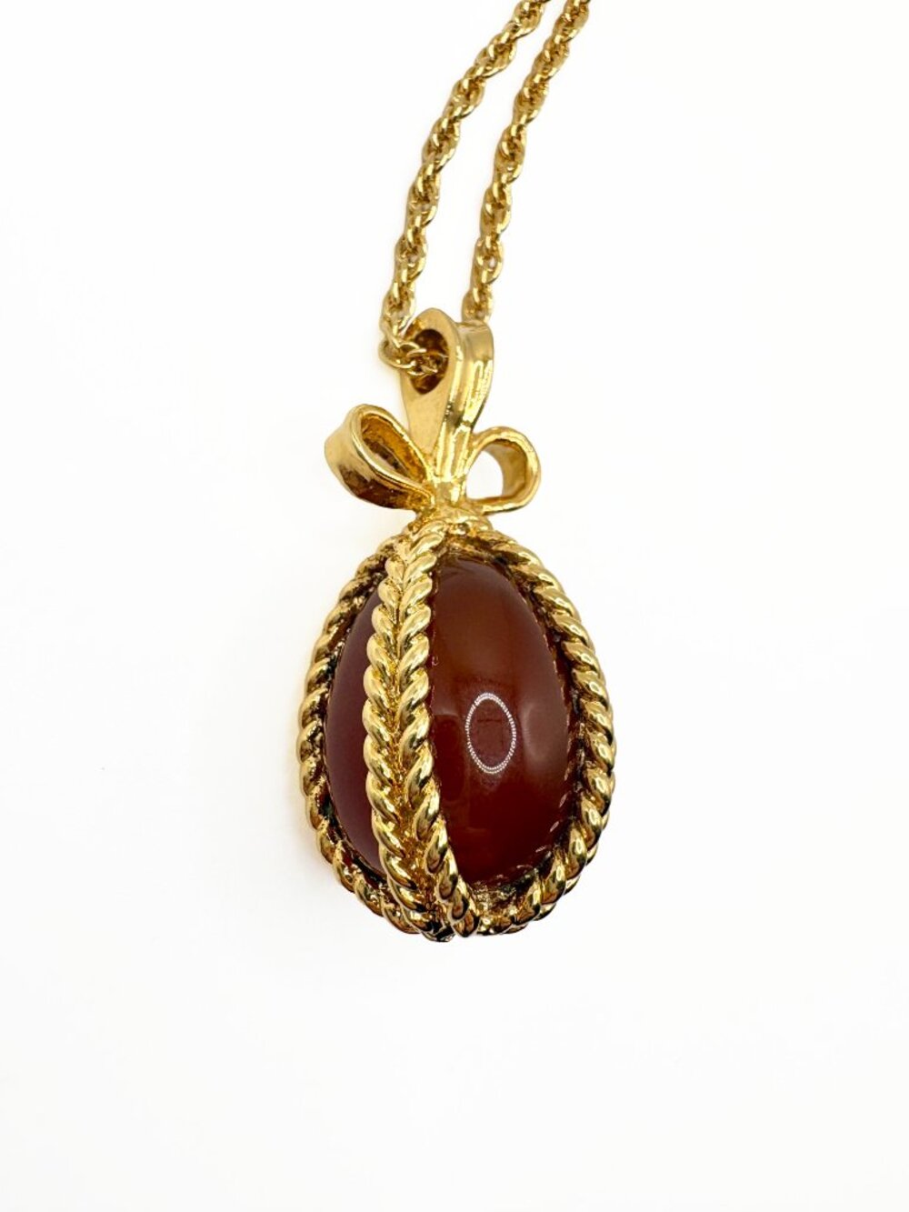 Vintage Joan Rivers Faberge Style Egg Necklace Amber Brown Gold Tone - Picture 5 of 9